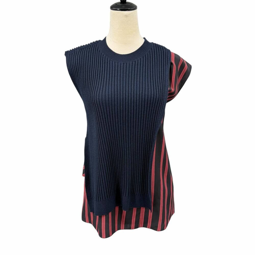 3.1 Phillip Lim Navy Wool Blend Knit Maroon Stripe Silk Layering Sweater Top